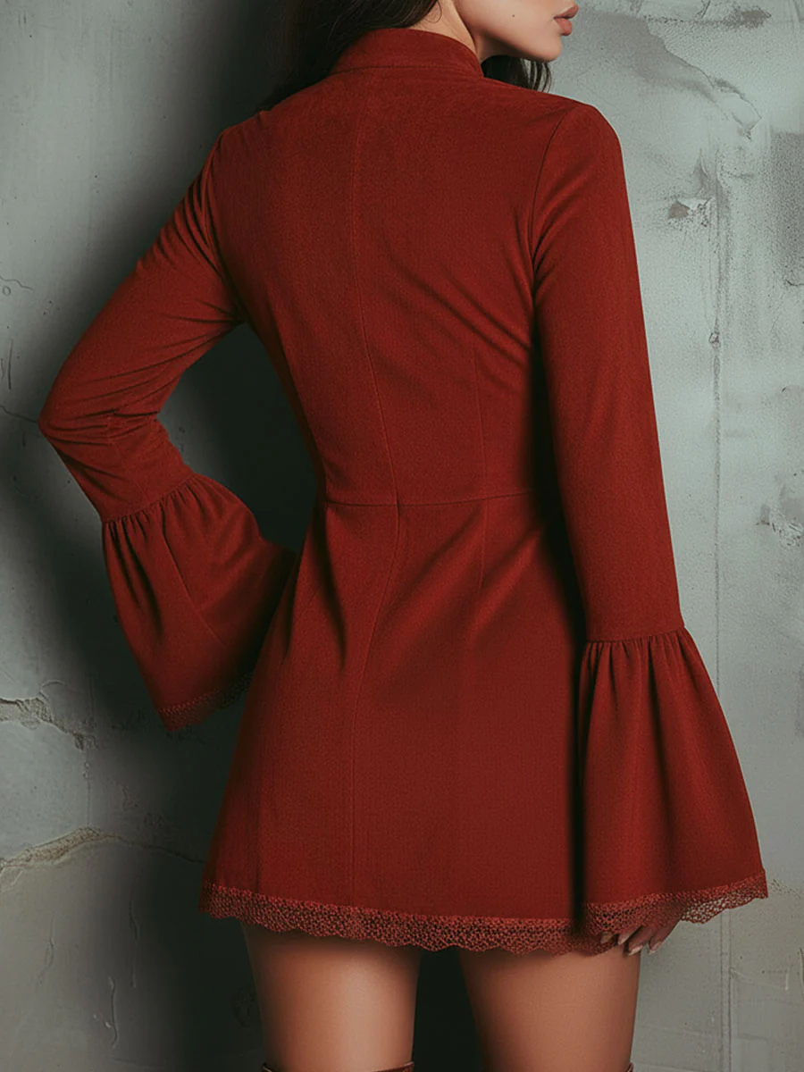 Gwen | Vintage Rust Red Bell Sleeve Embroidered Faux Suede Lace Mini Dress