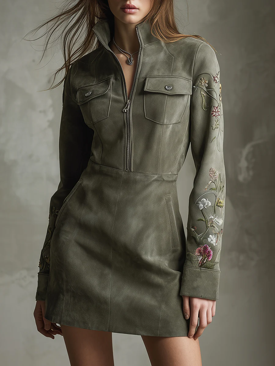 Hadley | Green Embroidered Faux Suede Half-zip Mini Dress