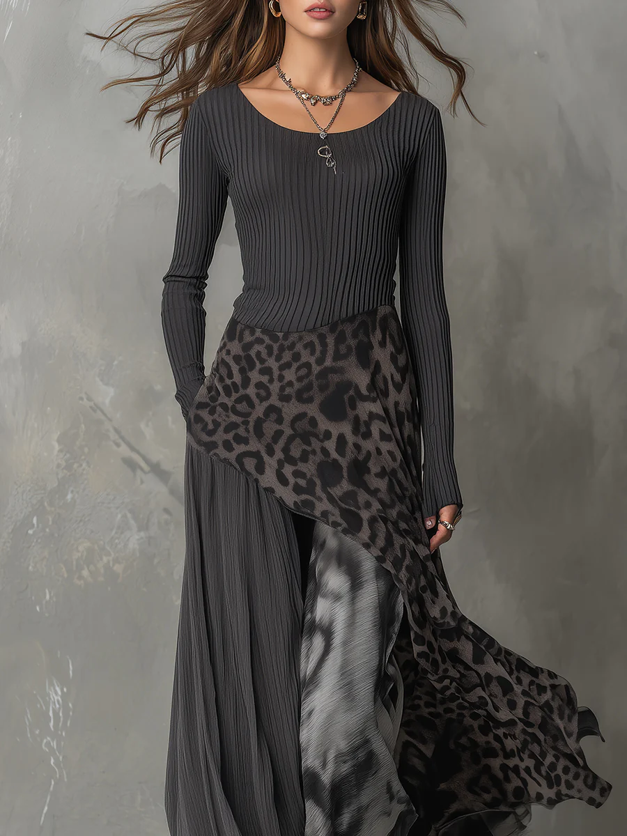 Ada | Grey Pit Stripe Leopard Print Splicing Irregular Hem Maxi Dress