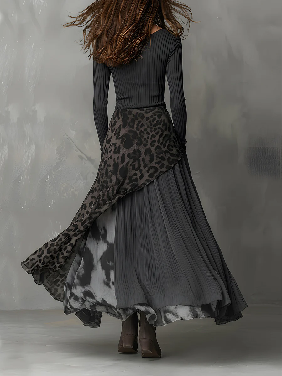 Ada | Grey Pit Stripe Leopard Print Splicing Irregular Hem Maxi Dress