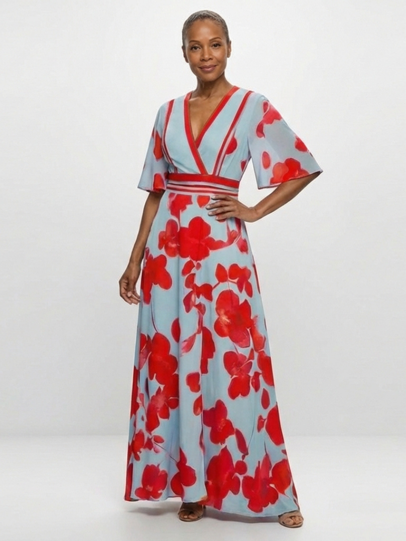 Romy-Lee | V Neck Short Sleeve Floral Maxi Dress