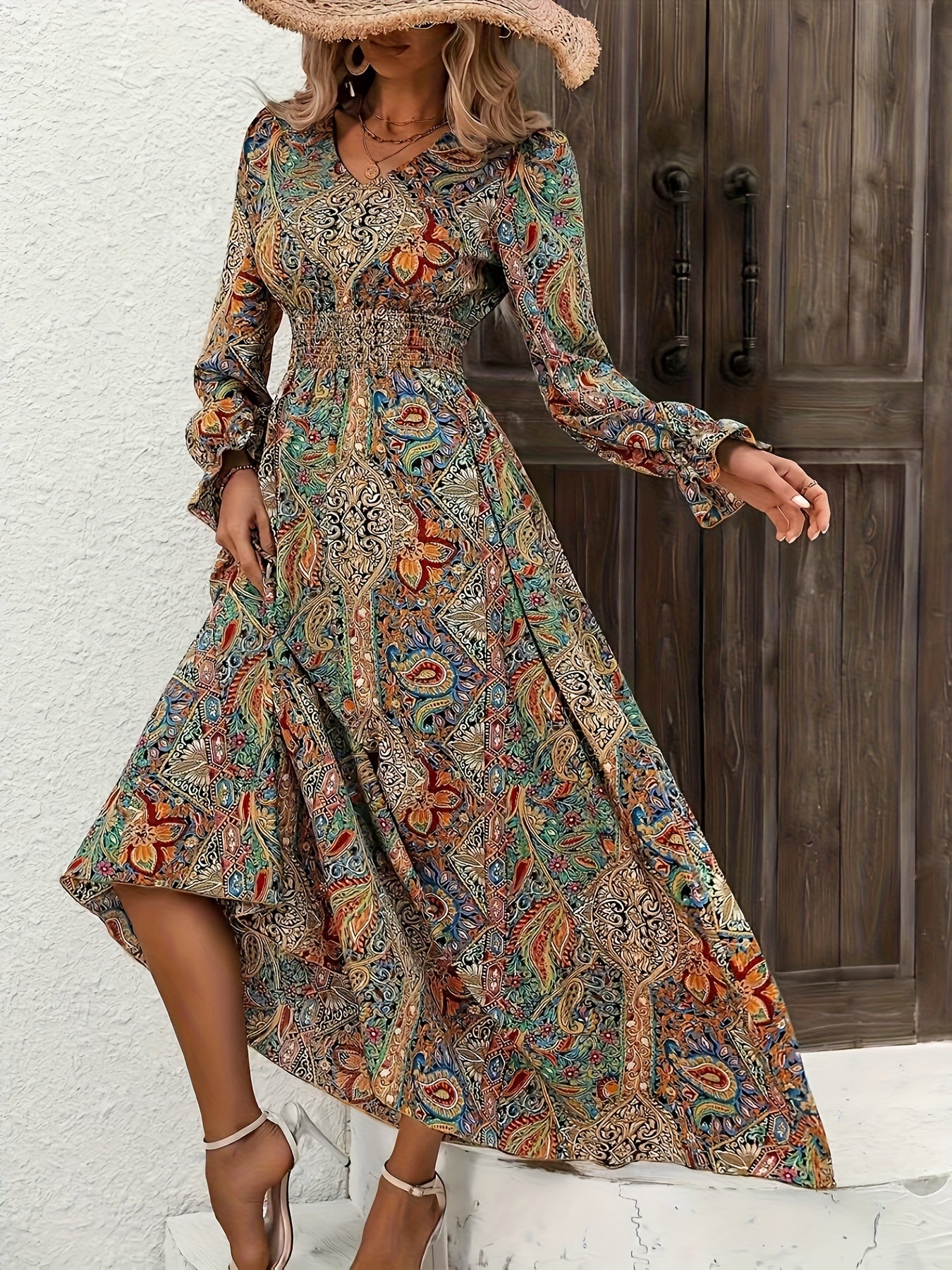 Korrie | Elegant V-Neck Floral Print Long Sleeve Dress