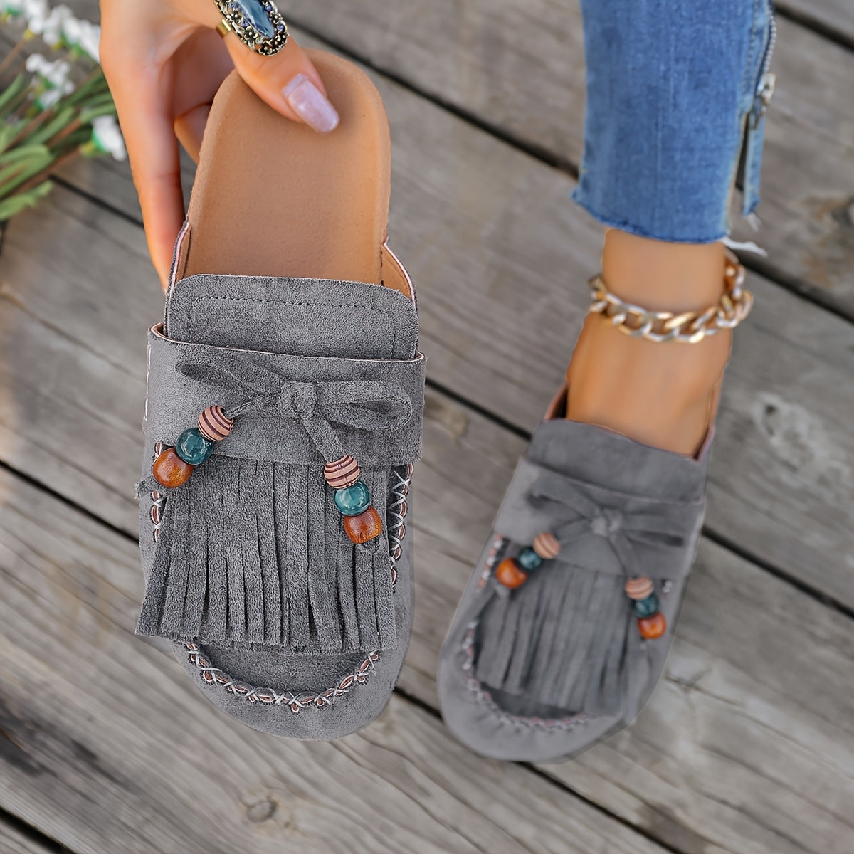 Bohemian Beaded Tassel Slip-On Shoes