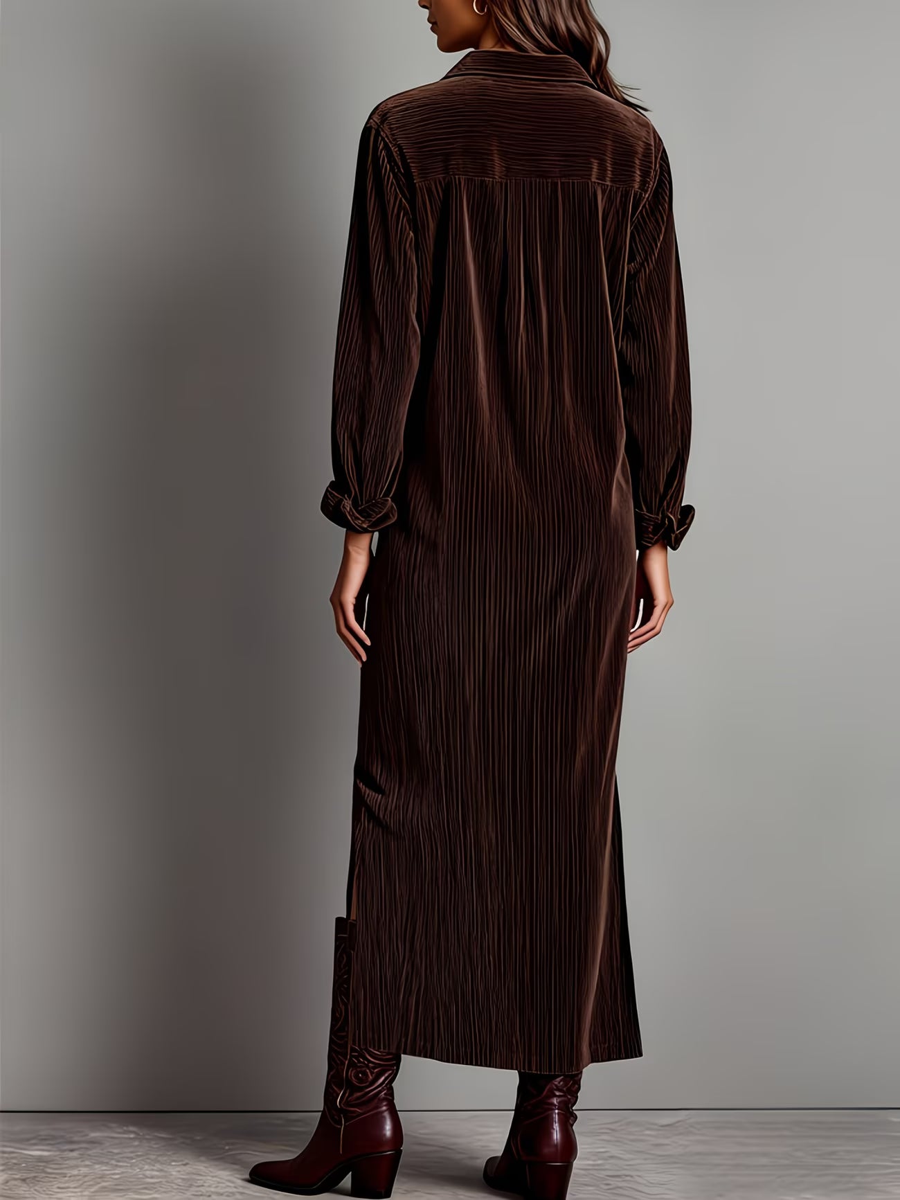 Matilda | Corduroy Chest Pocket Lapel Single-Breasted Slit Long Dress