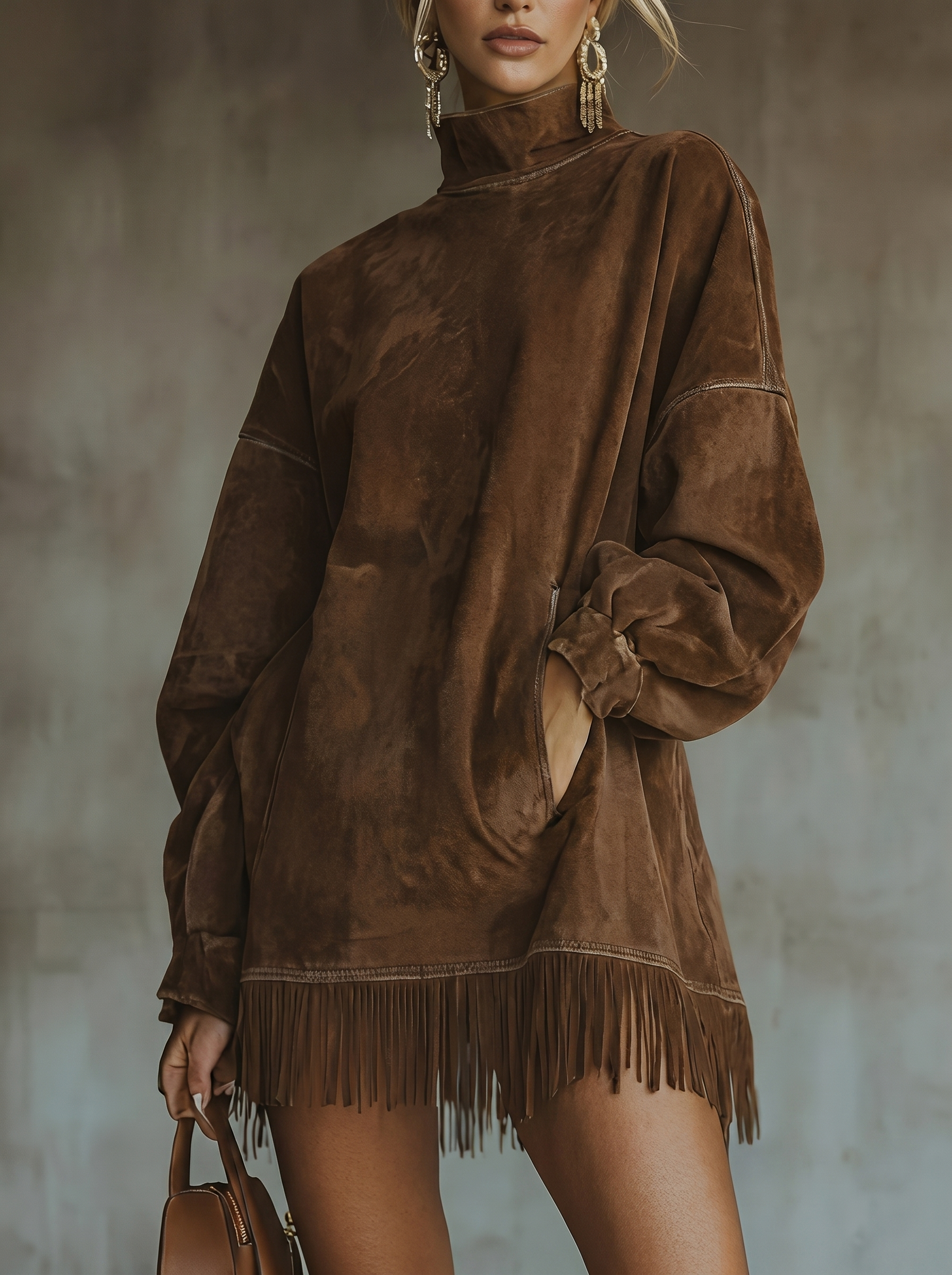 Elina | Tassel Hem Long Sleeved Casual Suede Mini Dress
