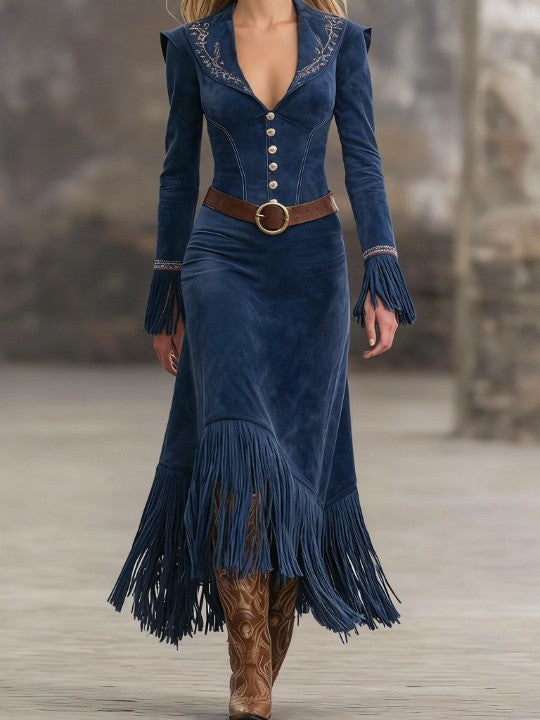 Eveleen | Retro Embroidered Dark Blue Faux Suede Tassel Maxi Dress