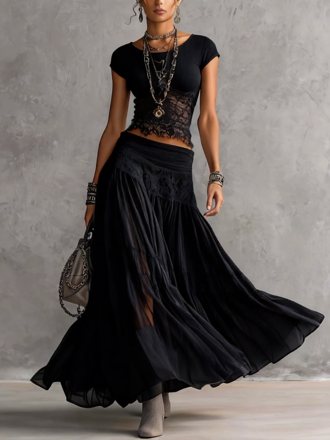 Alberta | Black Sheer Lace-Paneled Top and Pleated Maxi Skirt Set