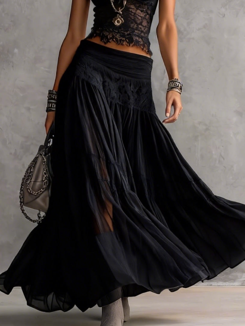Alberta | Black Sheer Lace-Paneled Top and Pleated Maxi Skirt Set