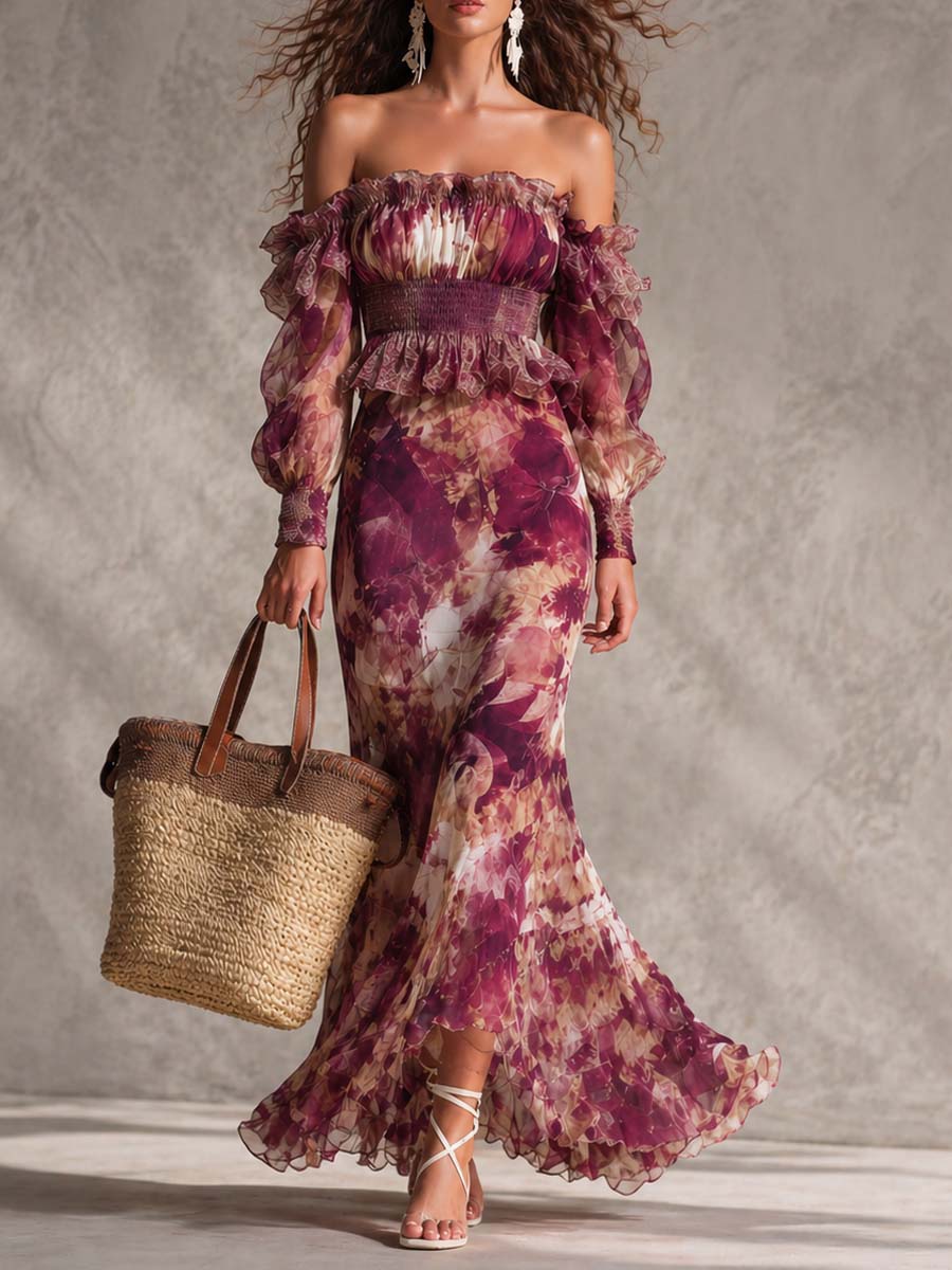 Jemina | Rose Pink Floral Off-Shoulder Chiffon Maxi Dress