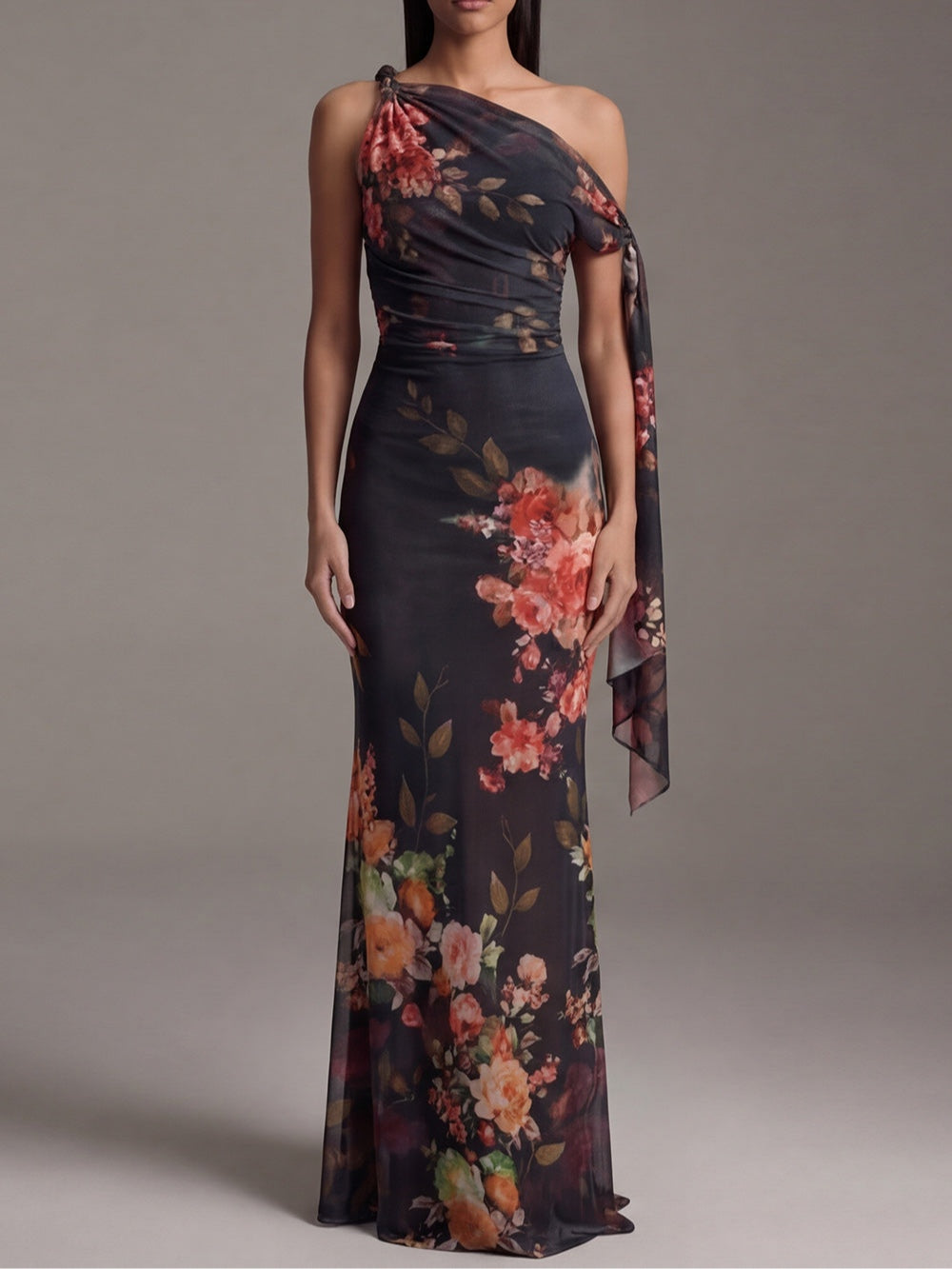 Journey | Black One-Shoulder Printed Pleated Chiffon Maxi Dress