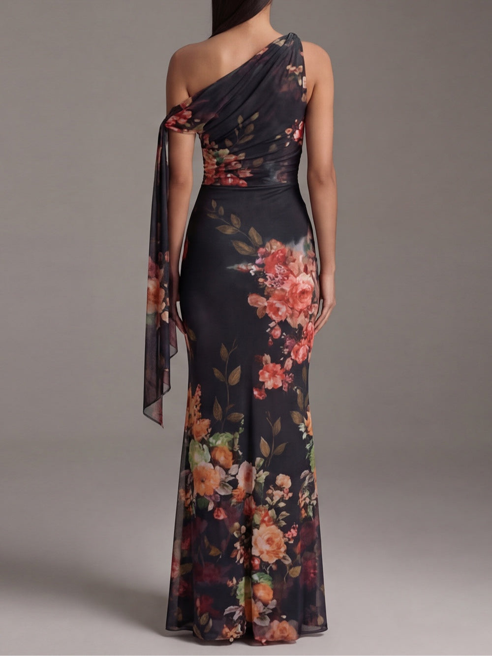 Journey | Black One-Shoulder Printed Pleated Chiffon Maxi Dress