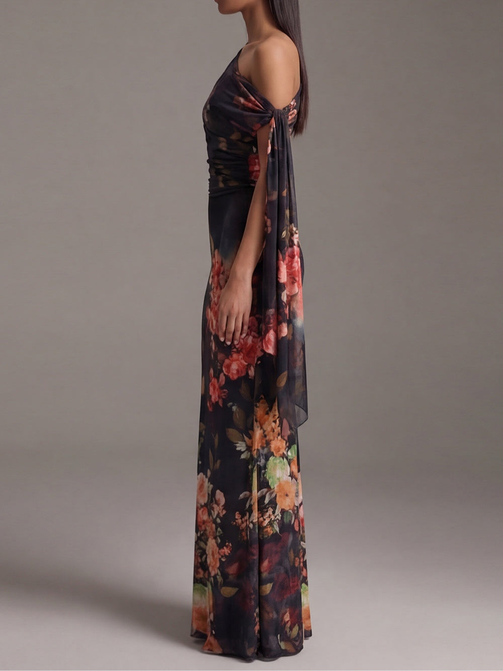 Journey | Black One-Shoulder Printed Pleated Chiffon Maxi Dress