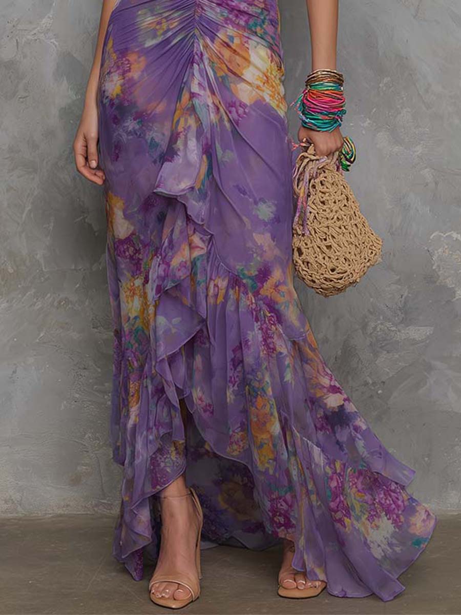 Sariah | Elegant Purple Floral Chiffon Halter Maxi Dress