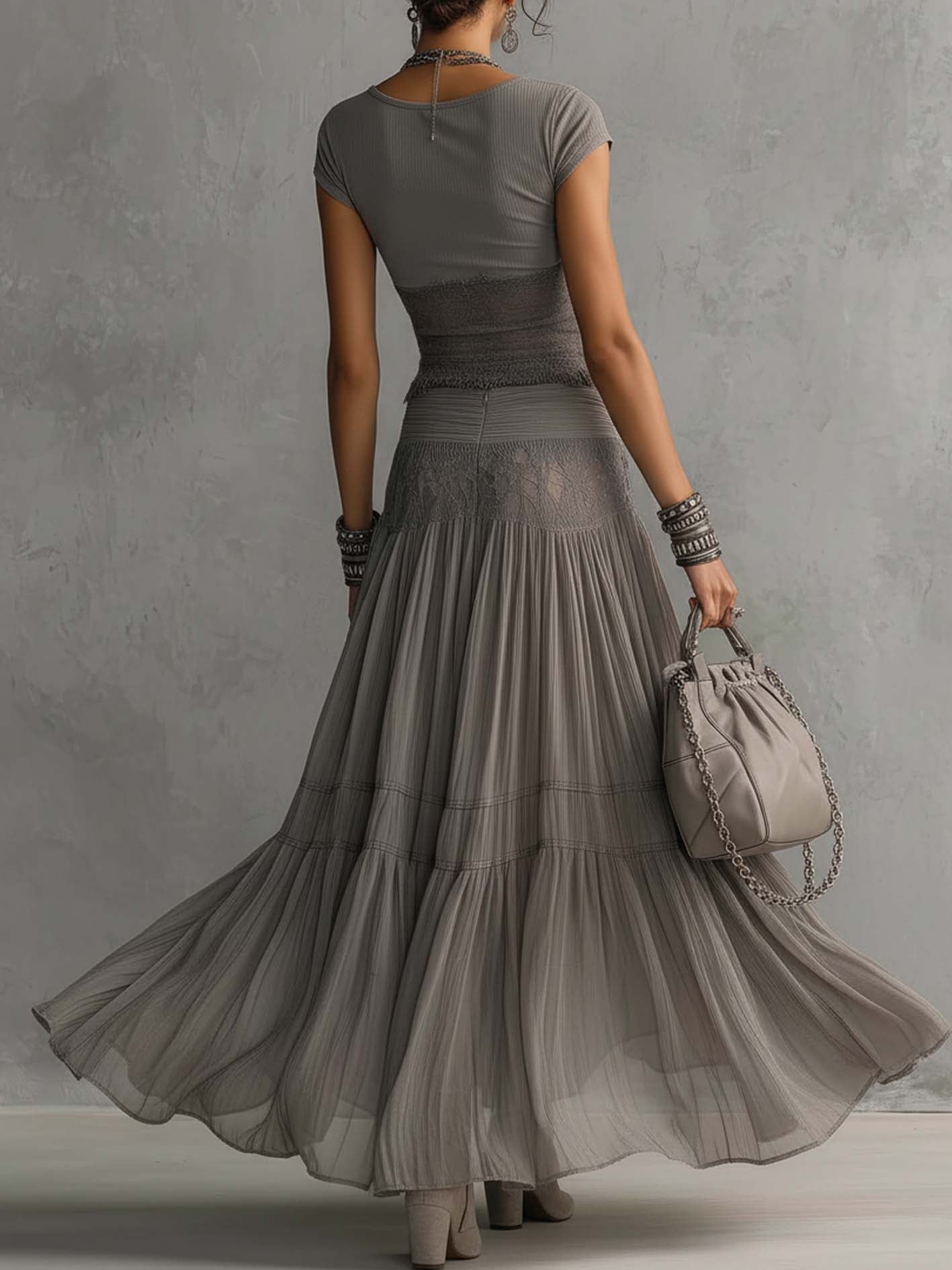Alannah-Rose | Grey Sheer Lace-Paneled Top and Pleated Maxi Skirt Set