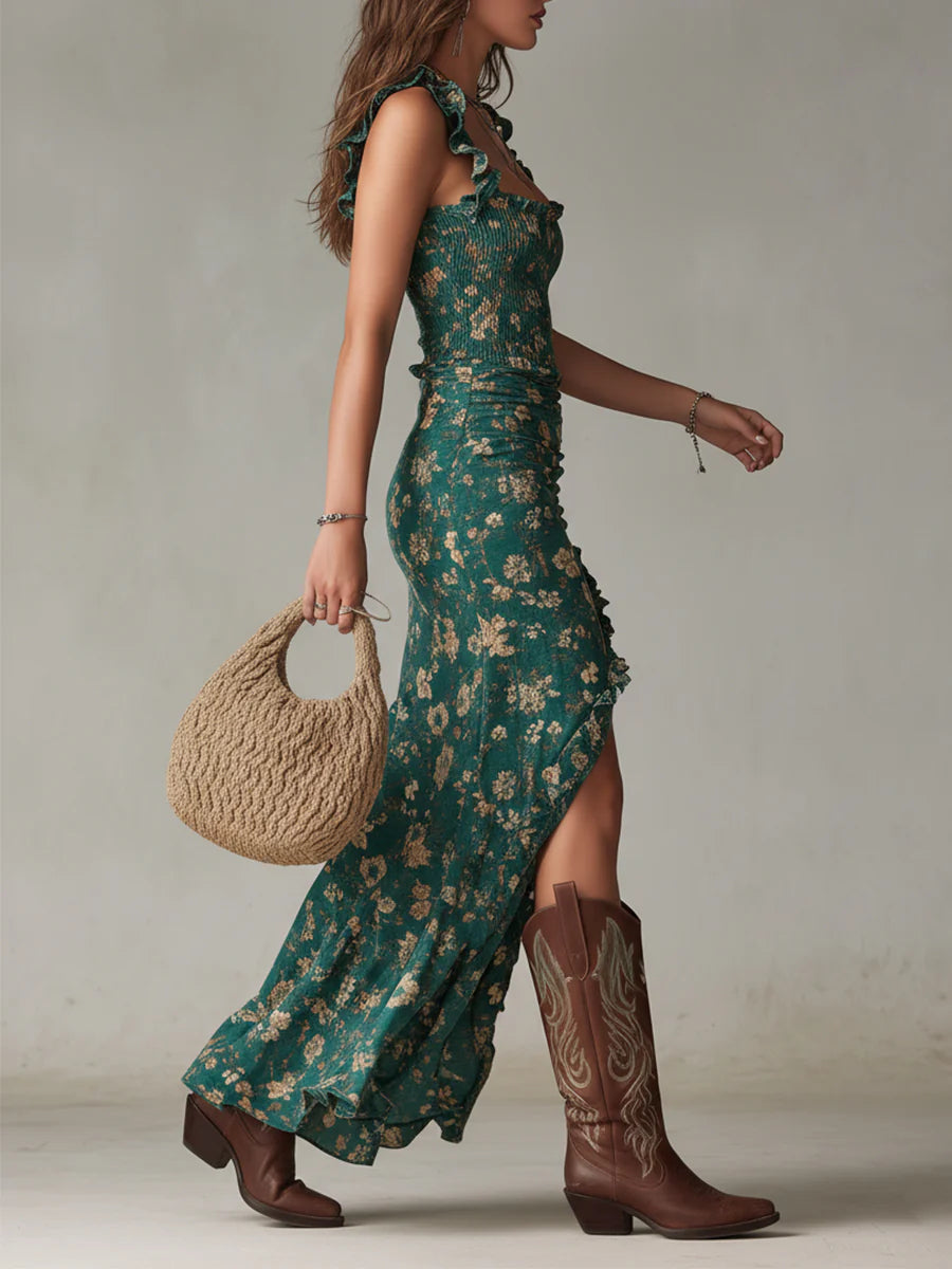 Maddie | Bohemian Green Printed Maxi Dress with Ruffled Sleeves
