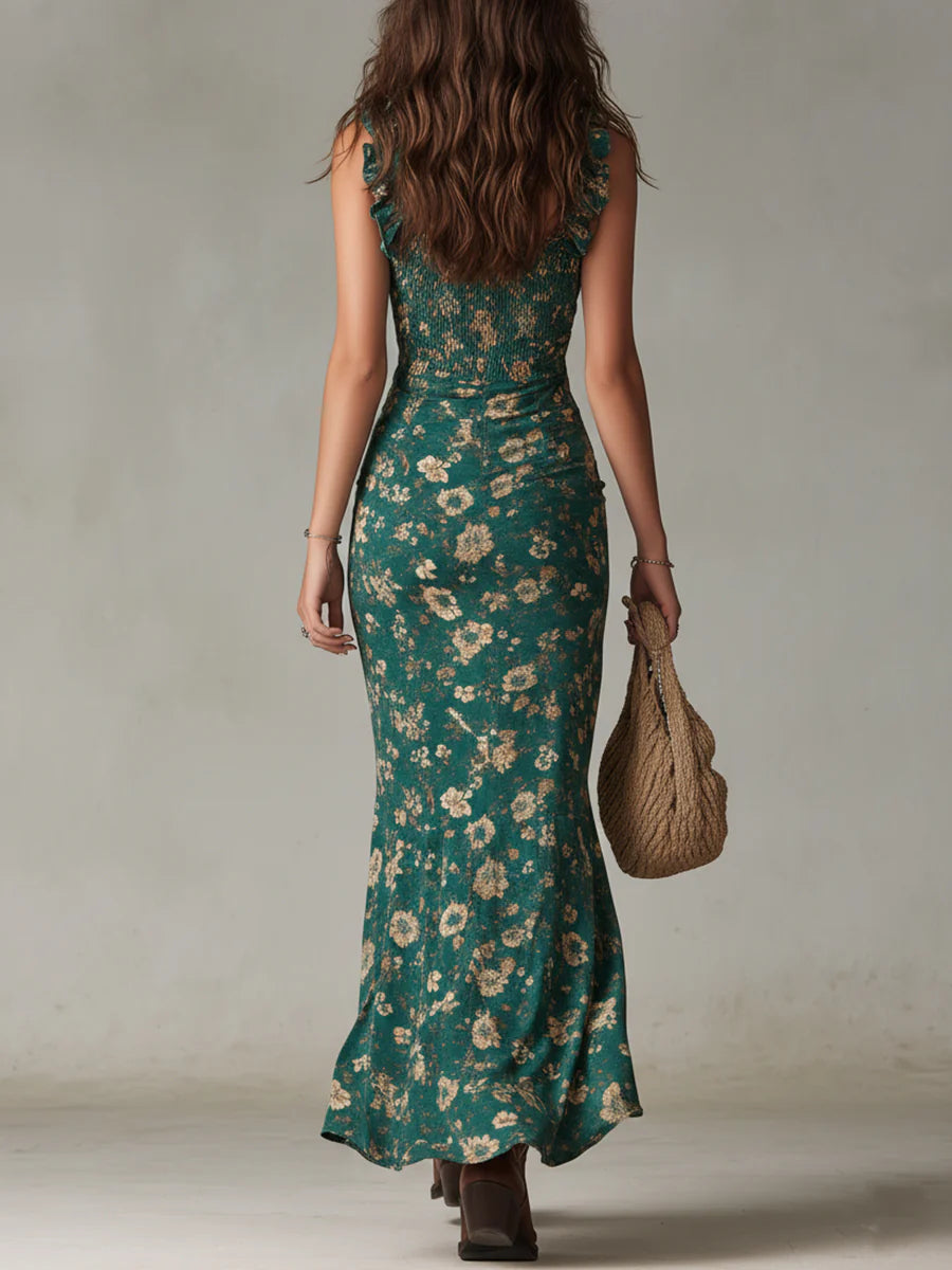 Maddie | Bohemian Green Printed Maxi Dress with Ruffled Sleeves