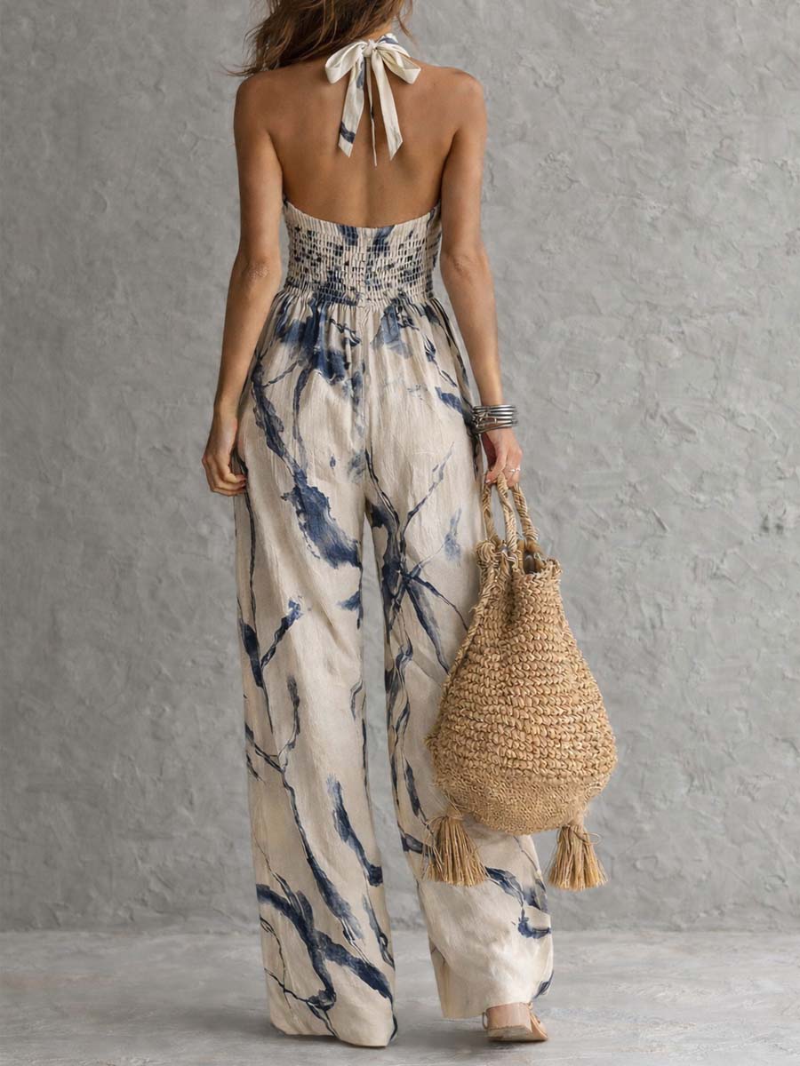 Miralyn | Elegant Ink-Print Halter Jumpsuit