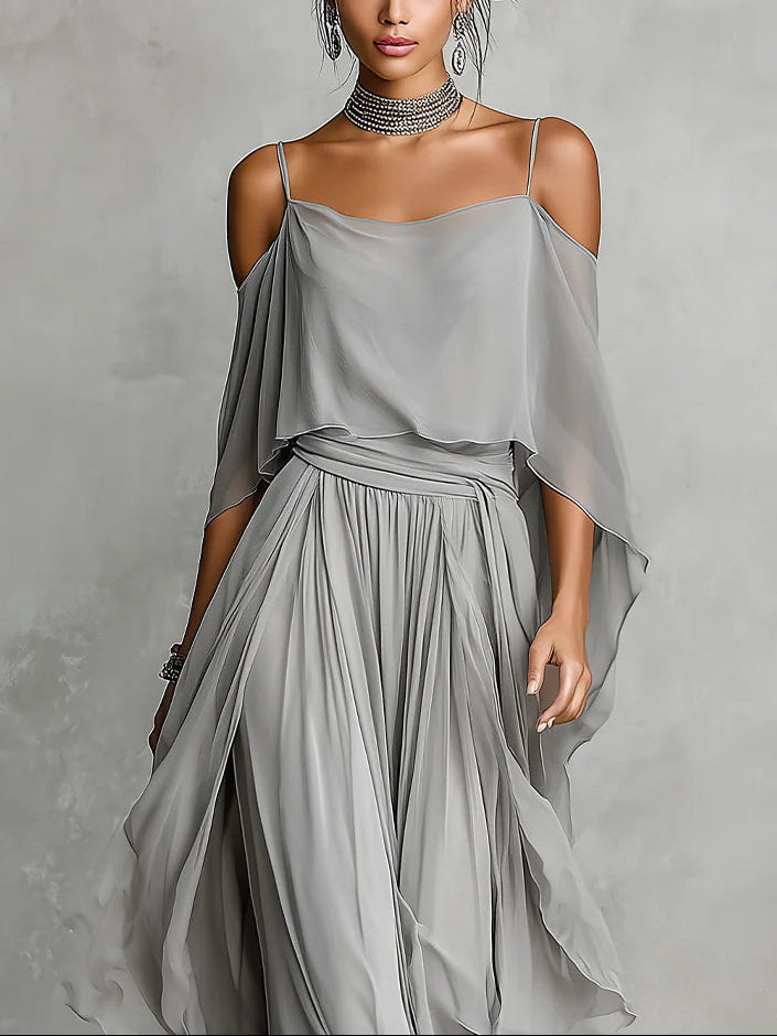 Alize | Grey off-shoulder flowy camisole and trousers chiffon set