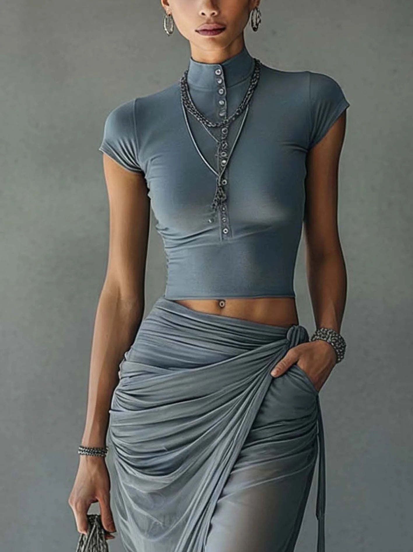 Aimee | Blue Cropped T-Shirt and Sheer Mesh Draped Skirt Set