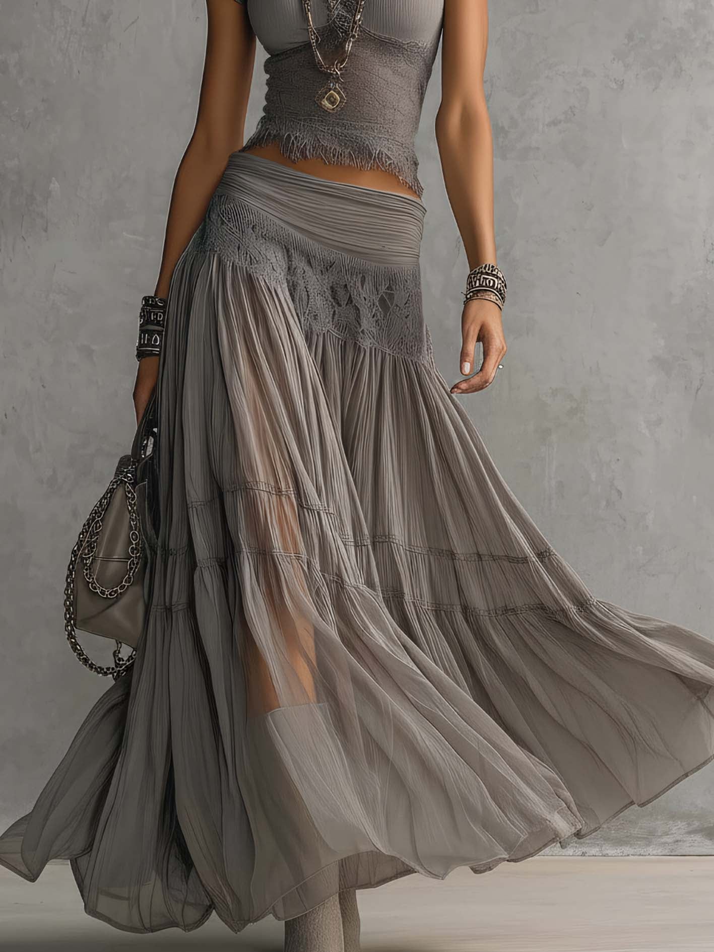Alannah-Rose | Grey Sheer Lace-Paneled Top and Pleated Maxi Skirt Set