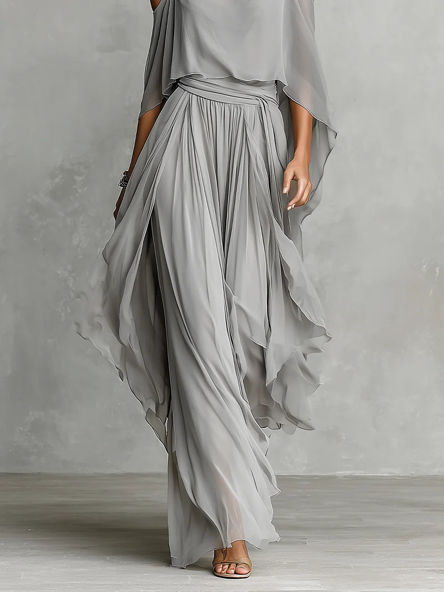 Alize | Grey off-shoulder flowy camisole and trousers chiffon set