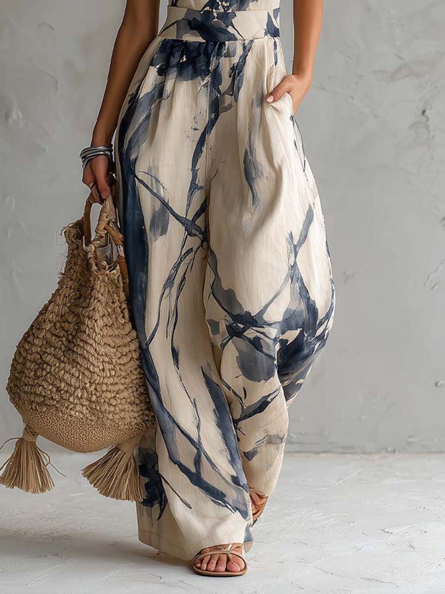 Miralyn | Elegant Ink-Print Halter Jumpsuit