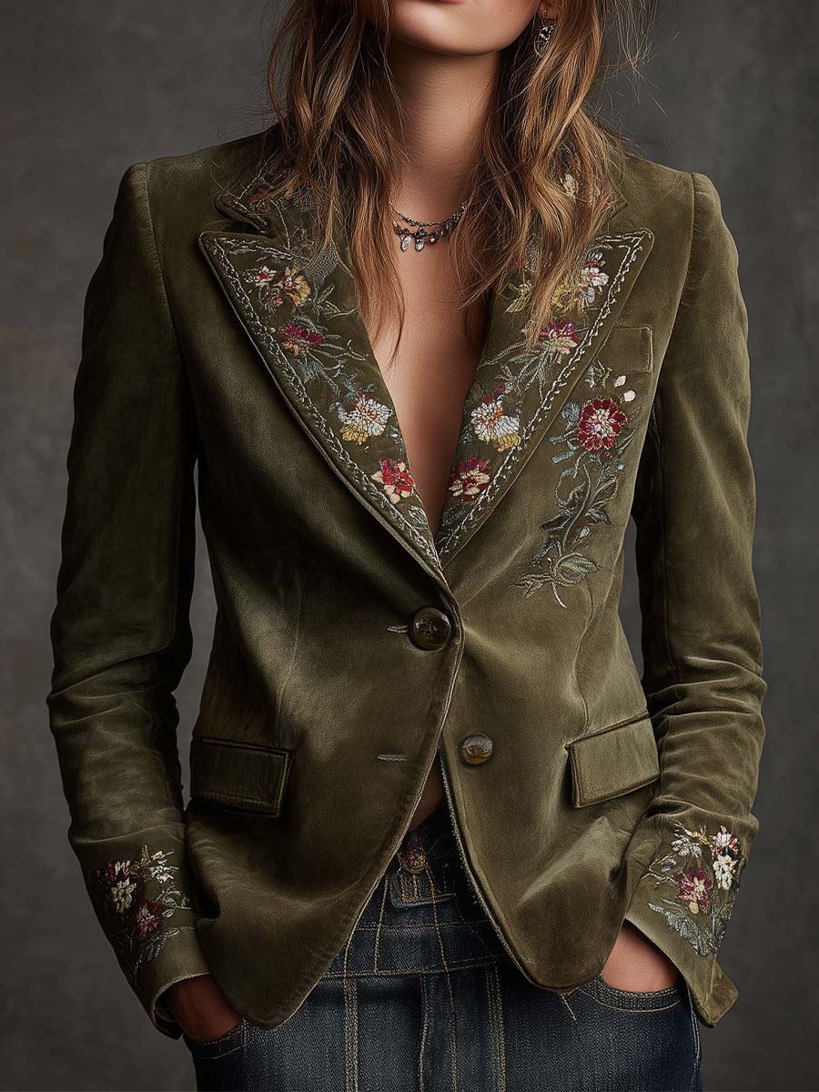 Zaylee | Olive Embroidered Velvet Jacket