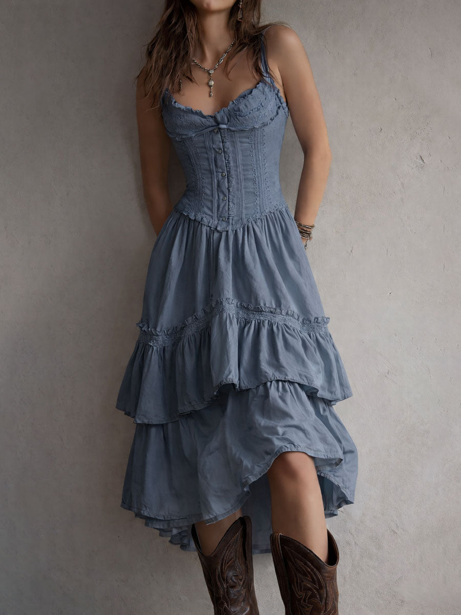 Reese | Retro Boho White Corset Tiered Midi Dress With Lace-Trim