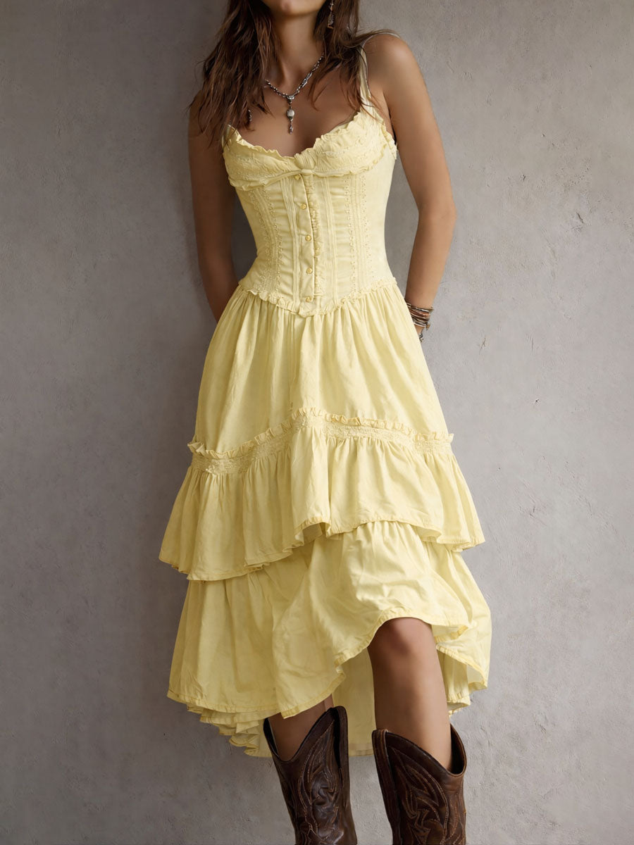 Reese | Retro Boho White Corset Tiered Midi Dress With Lace-Trim