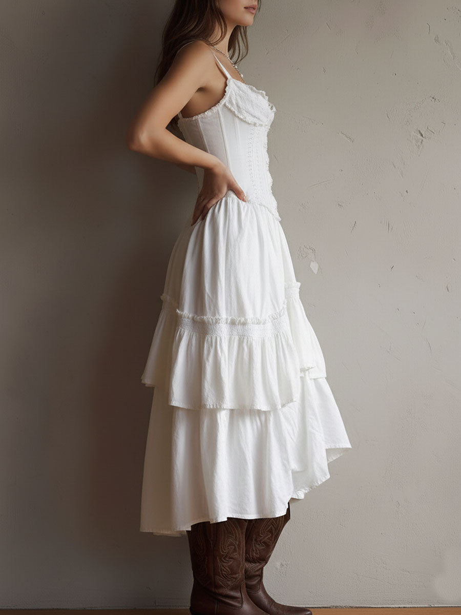 Reese | Retro Boho White Corset Tiered Midi Dress With Lace-Trim