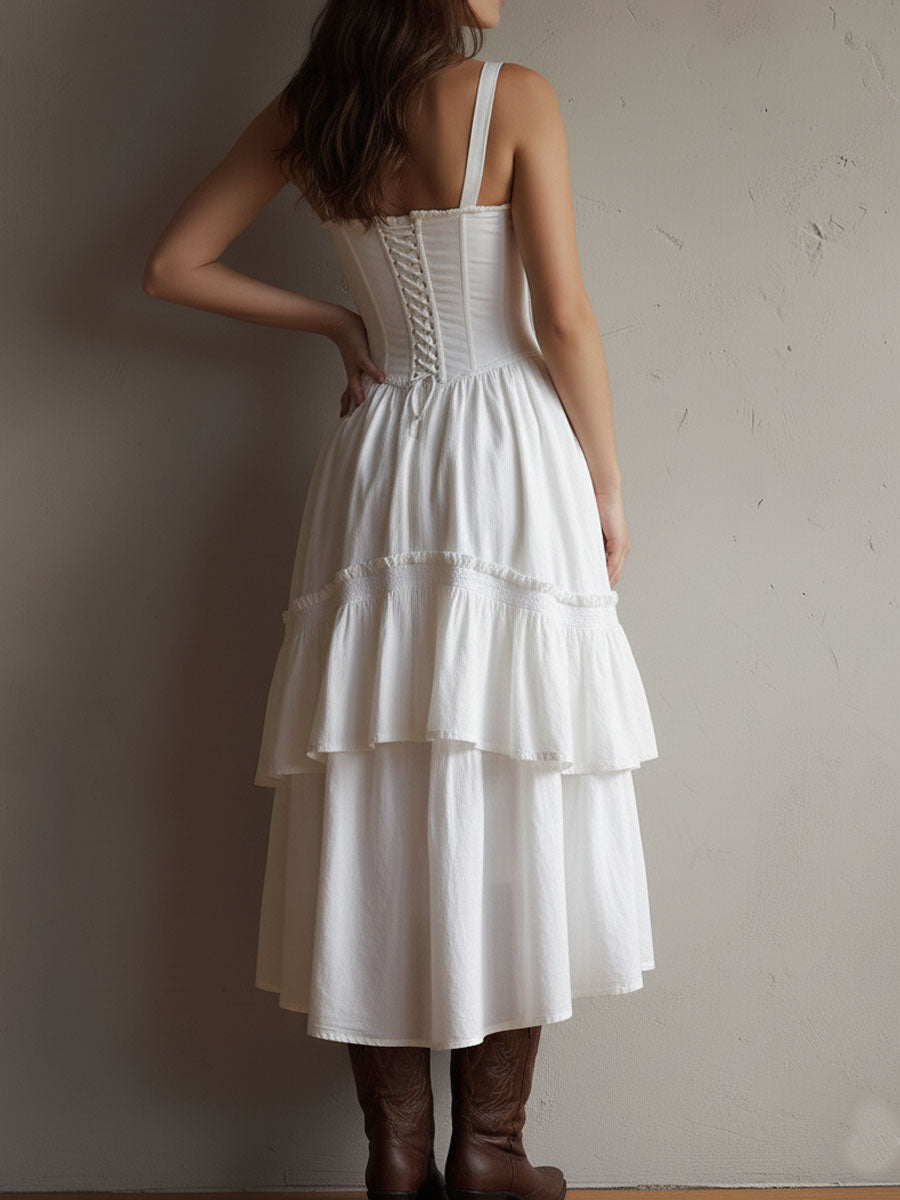 Reese | Retro Boho White Corset Tiered Midi Dress With Lace-Trim