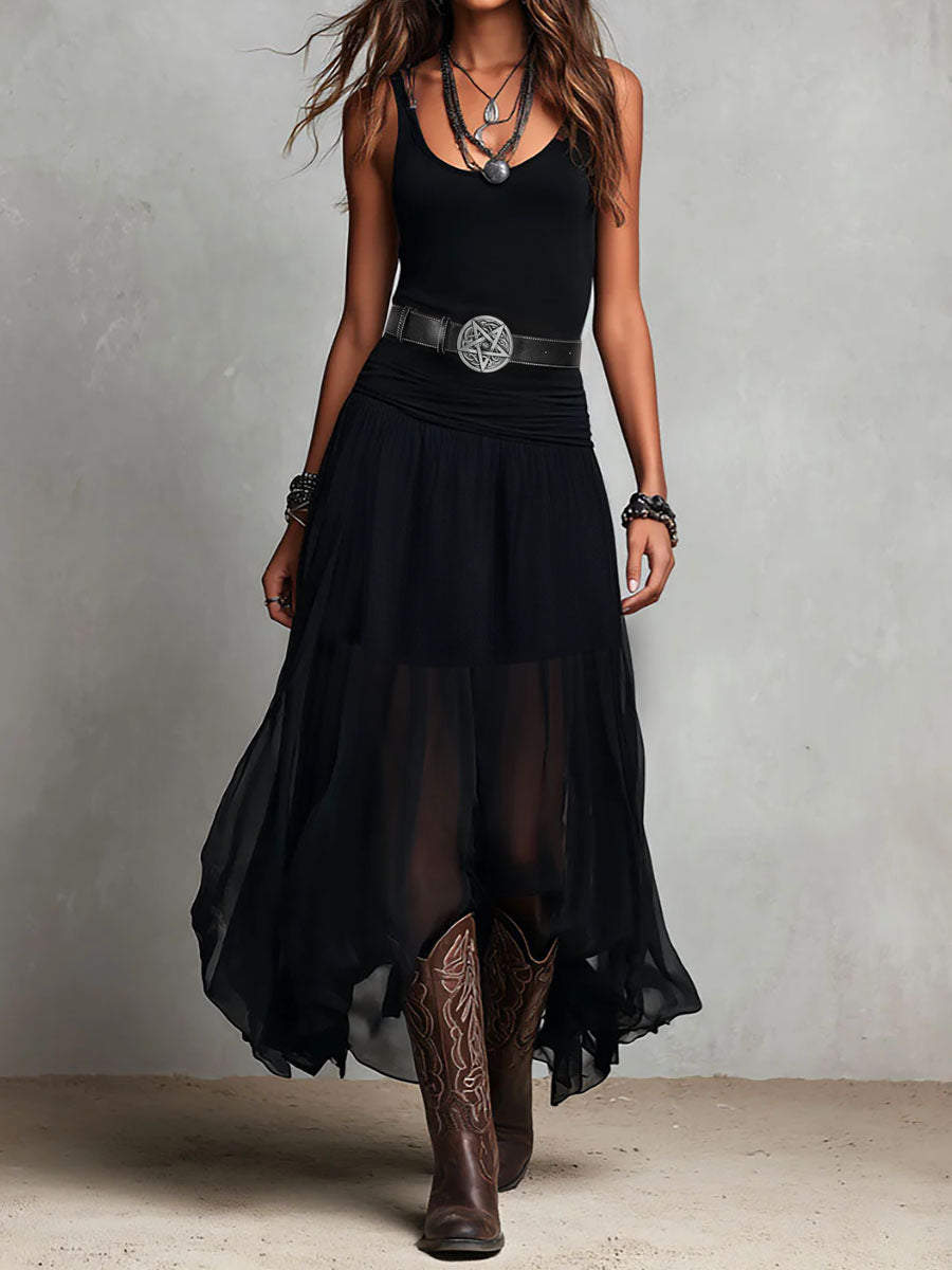 Selena | Boho Western Black  Stretchy Maxi  Dress With Sheer Skirt