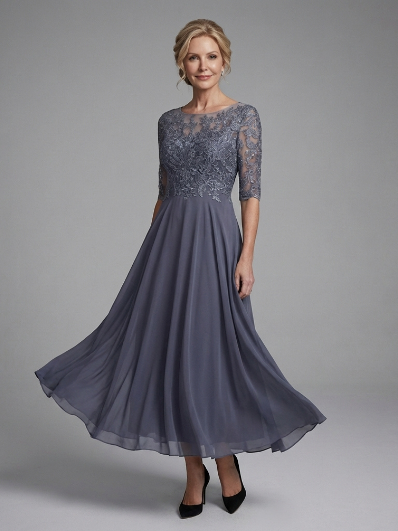 Olivina | Lace Bodice and Sheer Sleeves Midi Dress