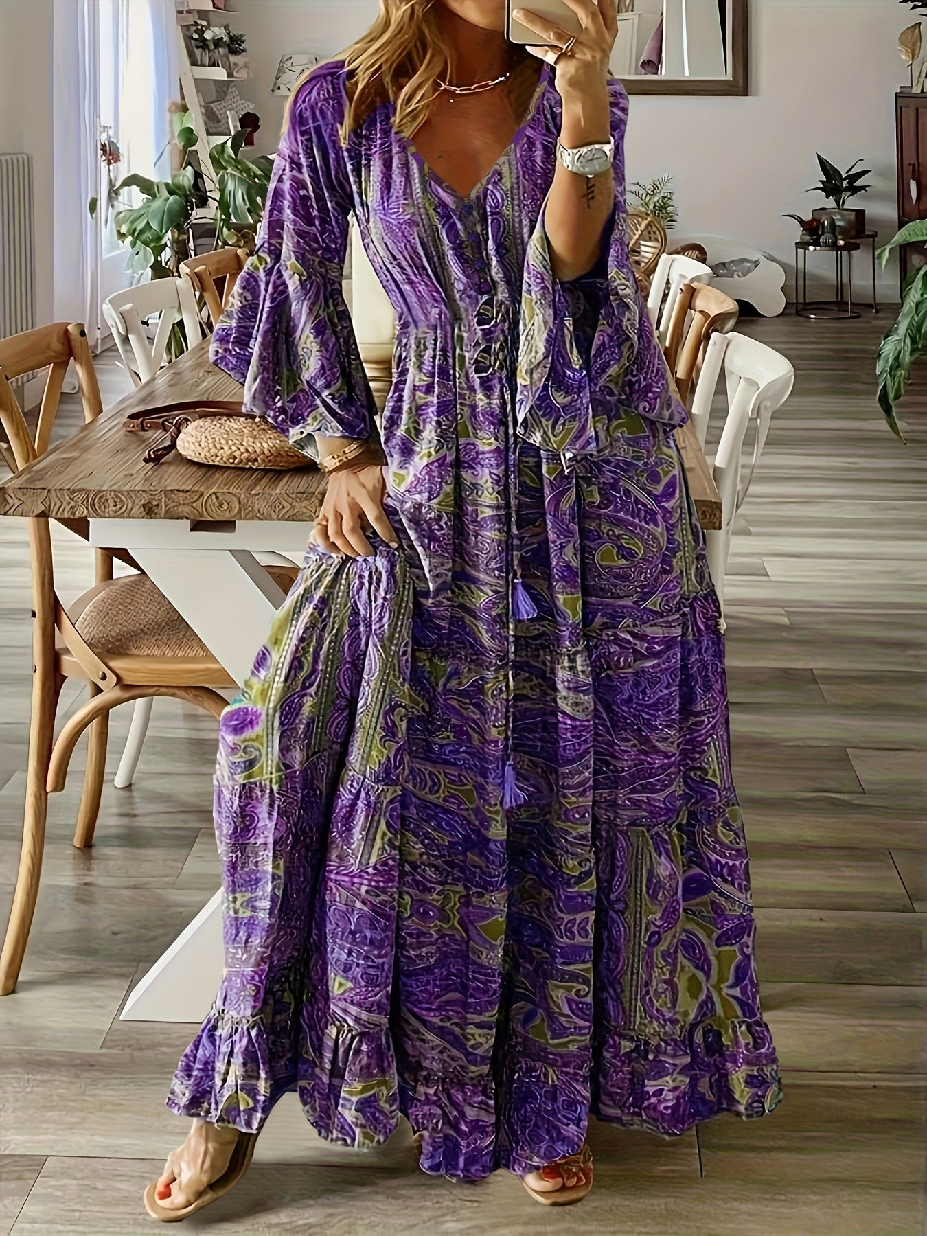 Oaklyn |  Bohemian Floral Print V-Neck Flared Sleeve Maxi Dress