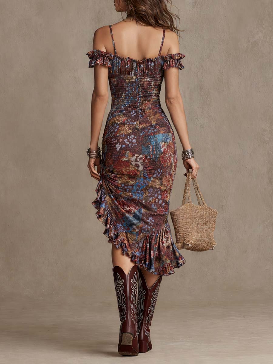 Celeste | Boho Floral Ruffle Midi Dress
