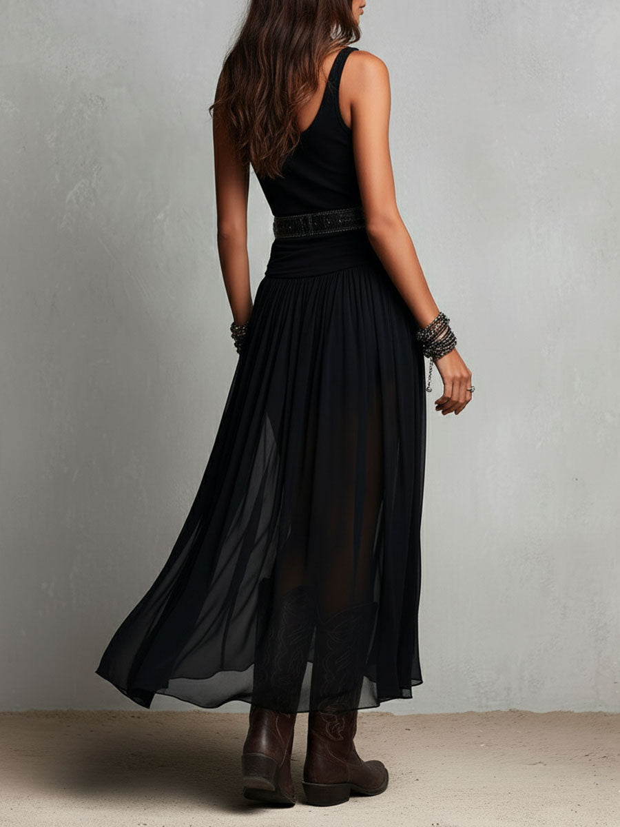 Selena | Boho Western Black  Stretchy Maxi  Dress With Sheer Skirt