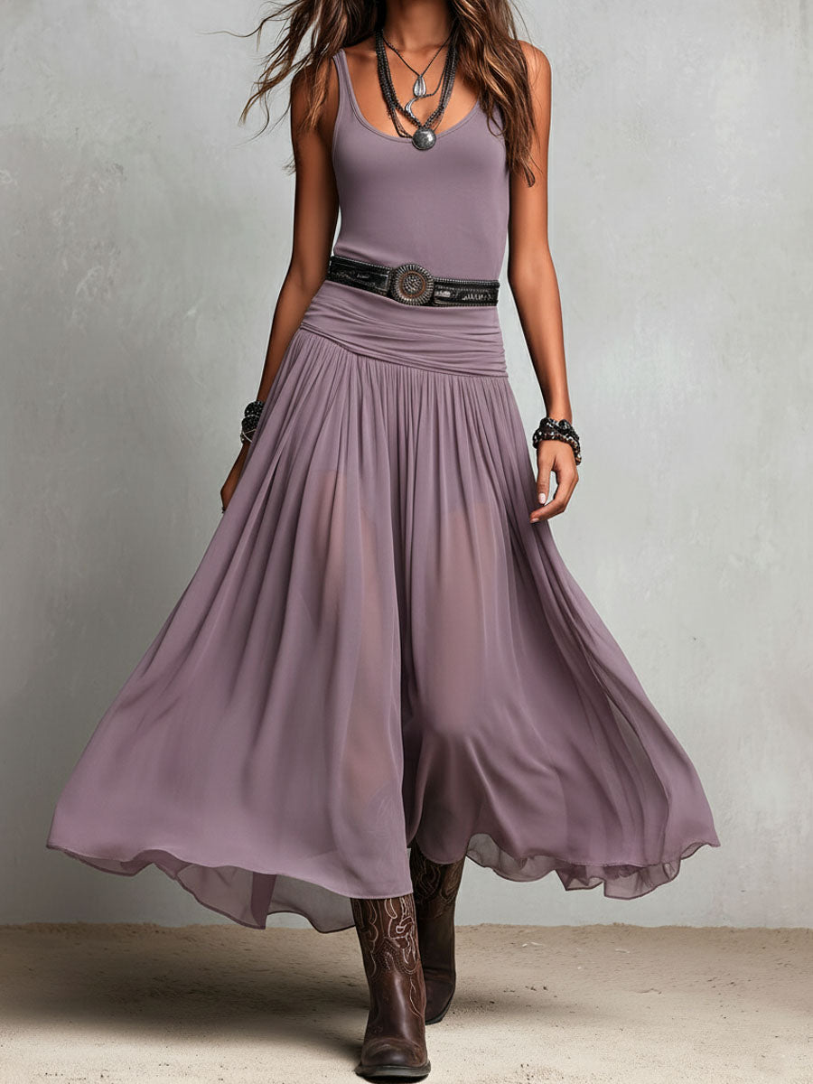 Selena | Boho Western Black  Stretchy Maxi  Dress With Sheer Skirt