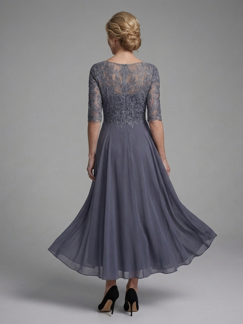 Olivina | Lace Bodice and Sheer Sleeves Midi Dress