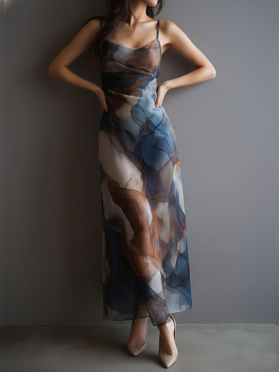 Primrose | Retro Abstract Print Watercolor Chiffon Slip Maxi Dress