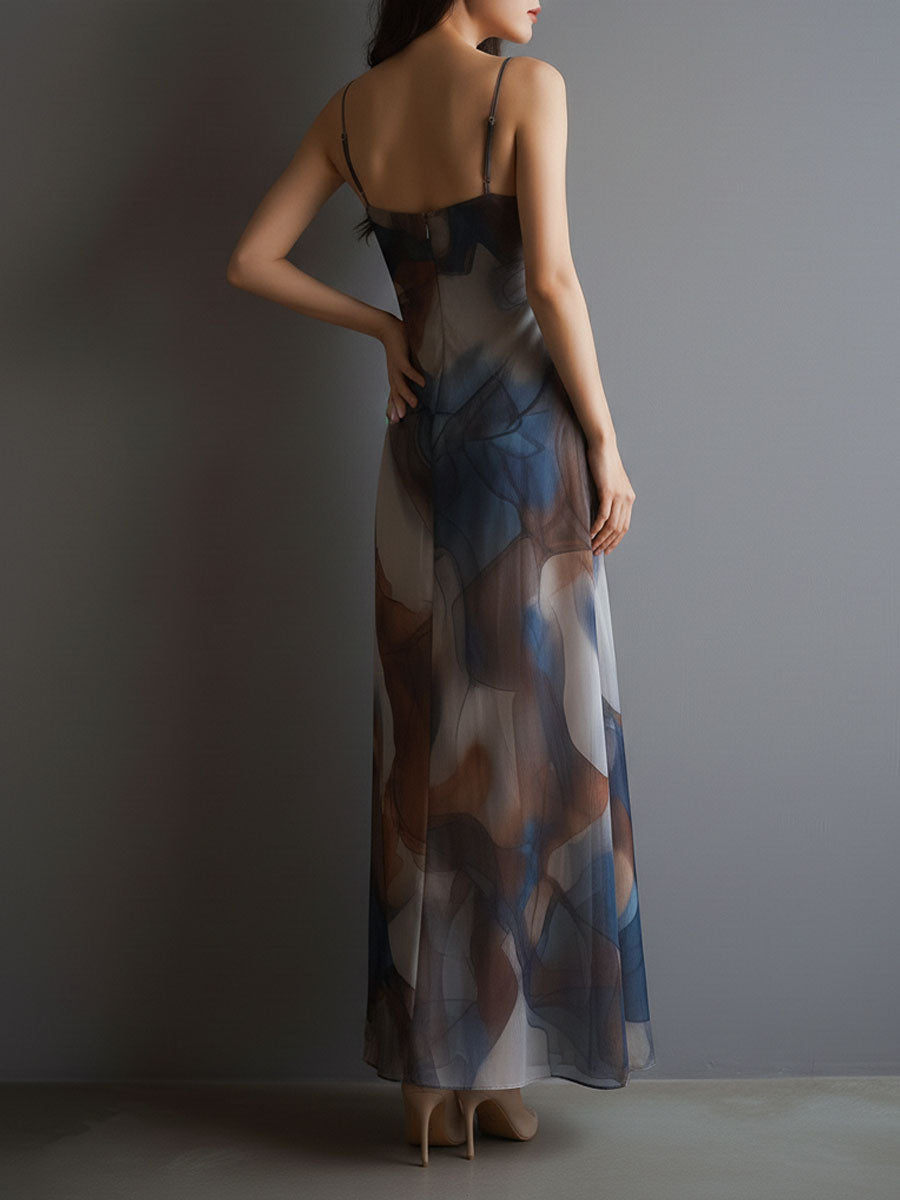 Primrose | Retro Abstract Print Watercolor Chiffon Slip Maxi Dress