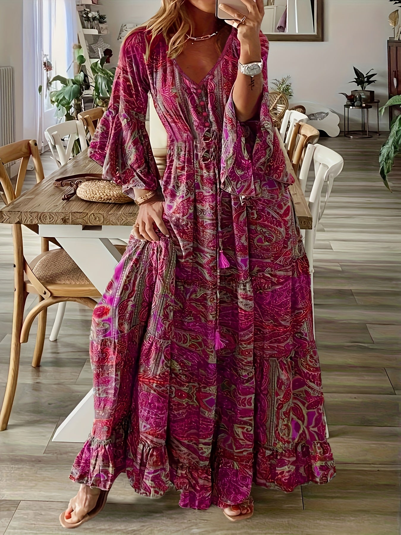 Oaklyn |  Bohemian Floral Print V-Neck Flared Sleeve Maxi Dress