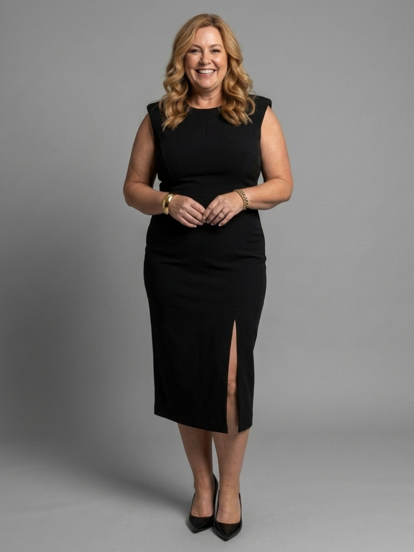 Salina | Structured Midi Dress with Sleeveless Front Opening