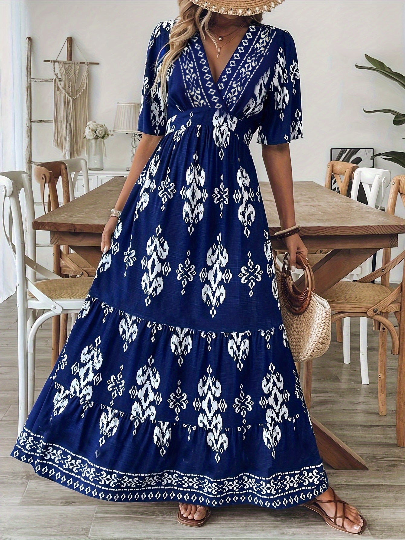 Macey | Women'S Vintage V-Neck Pattern Printed Casual Dress