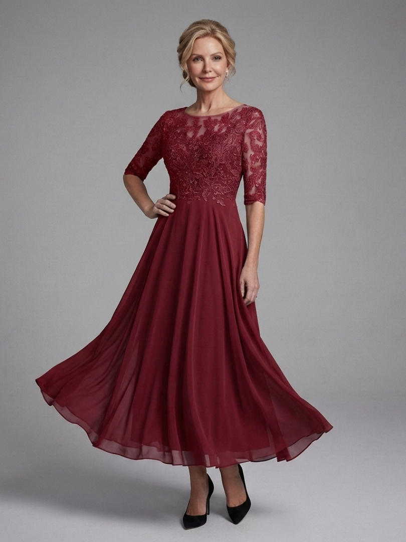 Olivina | Lace Bodice and Sheer Sleeves Midi Dress