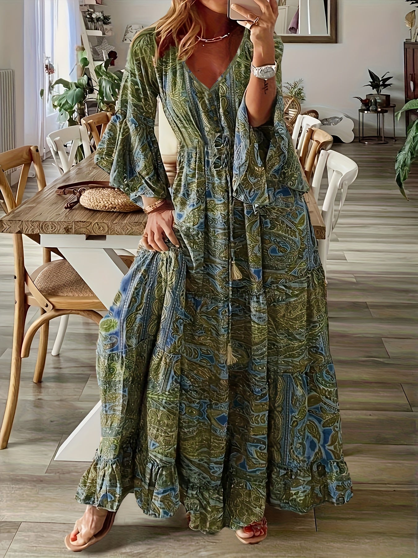 Oaklyn |  Bohemian Floral Print V-Neck Flared Sleeve Maxi Dress
