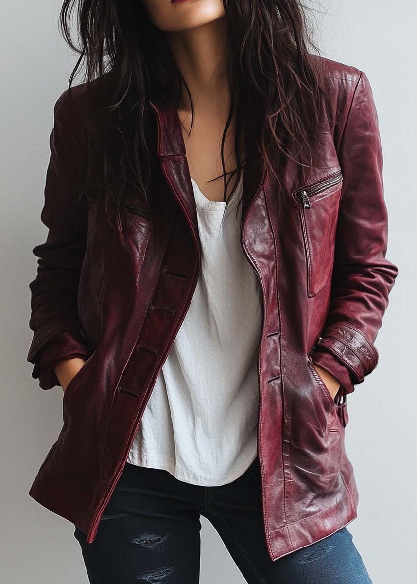Ivanna | Elegant Faux  Burgundy Leather Jacket