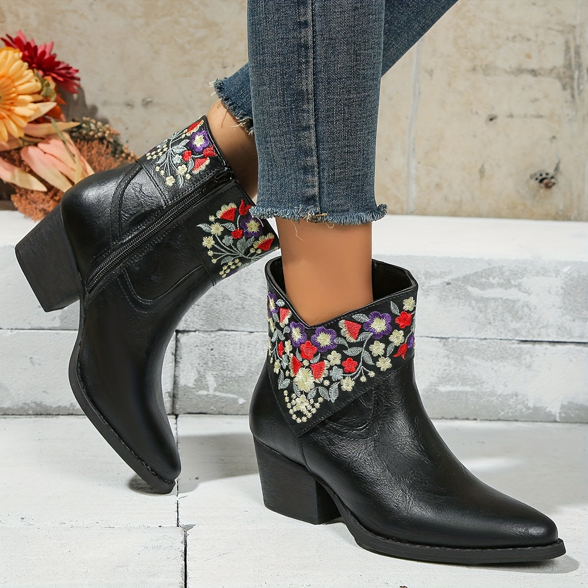 Harriet | Embroidered Western Ankle Boots”