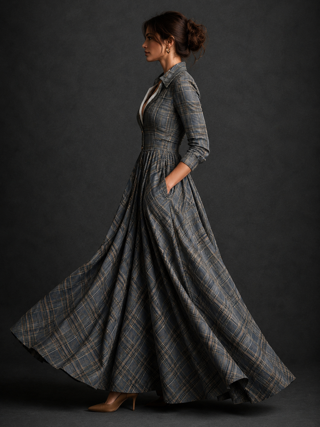 Dahliana | Elegant Plaid  Long Sleeve  Maxi Dress