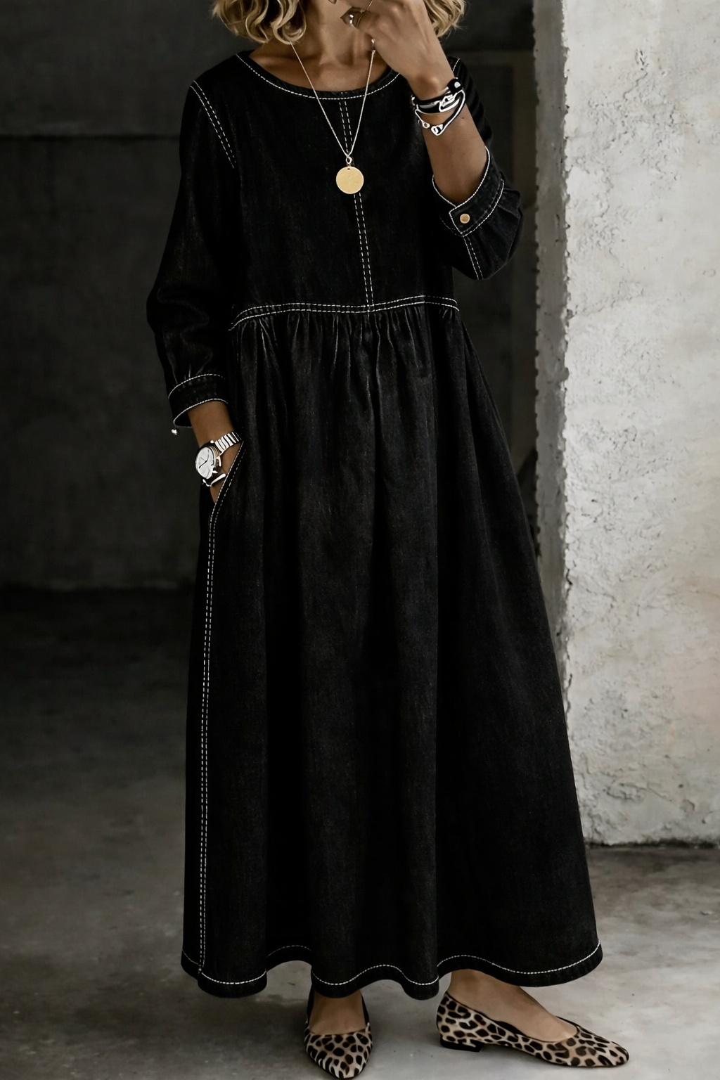 Melissa™ | Round Neck Long Sleeve Denim Dress