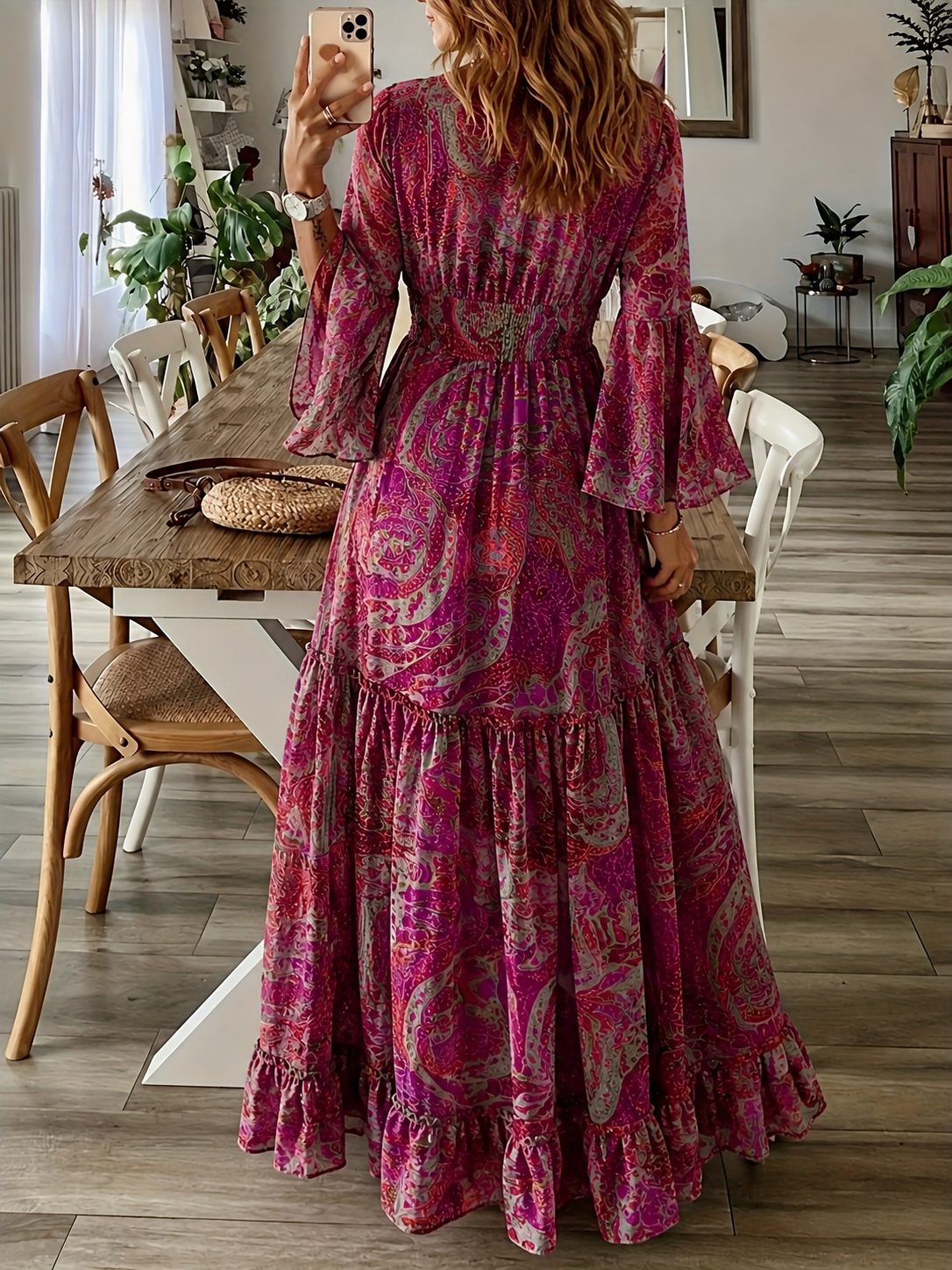 Oaklyn |  Bohemian Floral Print V-Neck Flared Sleeve Maxi Dress